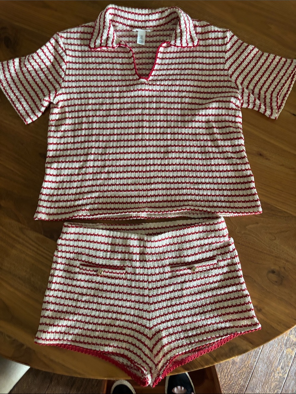 H&M Red and Cream Striped Knit Short Set